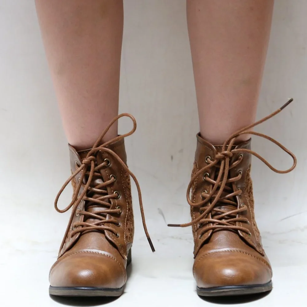 New Tan Lace Up Lace Panel Ankle Boots Booties